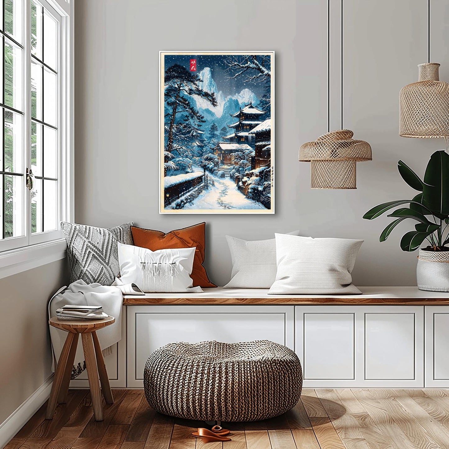 Snowy Village Japanese Illustration, Anime Style Nature Scene Wall Art Print, Modern Ukiyo-e Decor Poster