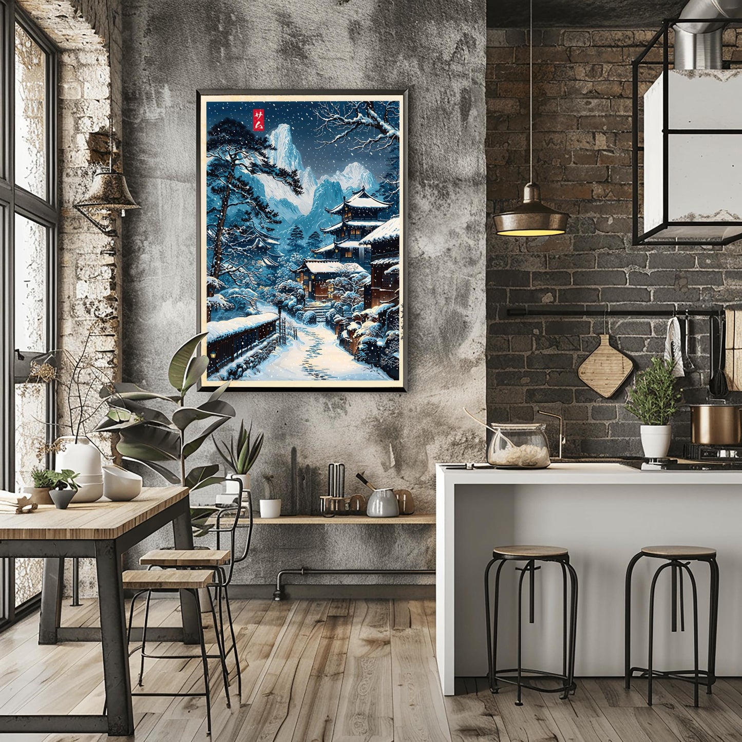 Snowy Village Japanese Illustration, Anime Style Nature Scene Wall Art Print, Modern Ukiyo-e Decor Poster
