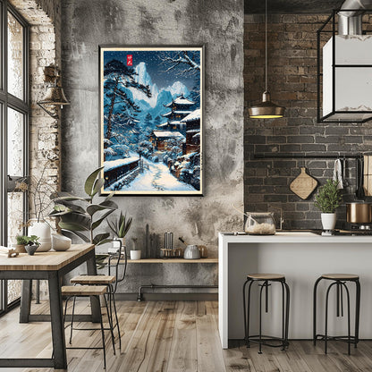 Snowy Village Japanese Illustration, Anime Style Nature Scene Wall Art Print, Modern Ukiyo-e Decor Poster