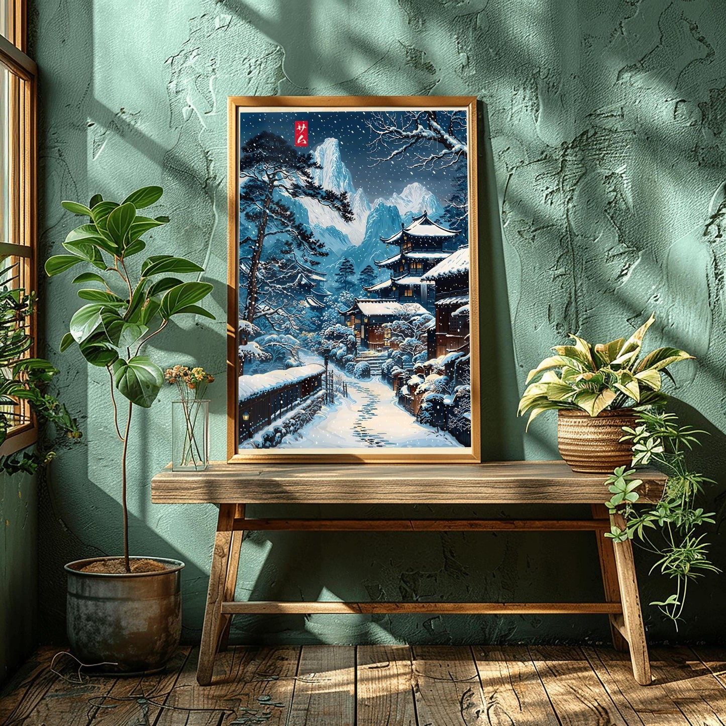 Snowy Village Japanese Illustration, Anime Style Nature Scene Wall Art Print, Modern Ukiyo-e Decor Poster