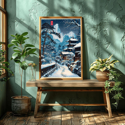 Snowy Village Japanese Illustration, Anime Style Nature Scene Wall Art Print, Modern Ukiyo-e Decor Poster