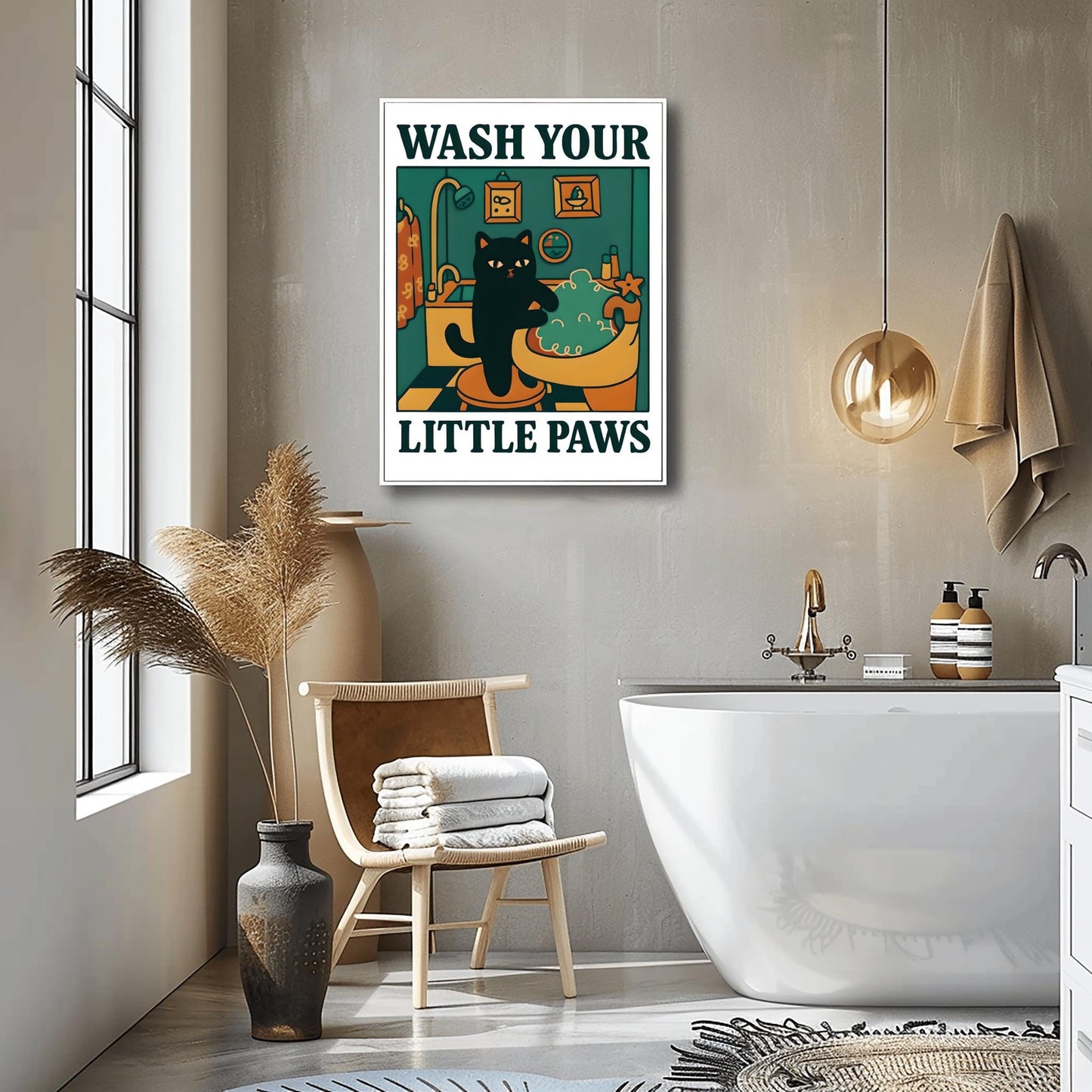 Wash your Paws Cat Print, Cute Bathroom Poster, Wash Room Childrens Washing up Posters, Kawaii Prints Decor, Unique Cats Art, UNFRAMED