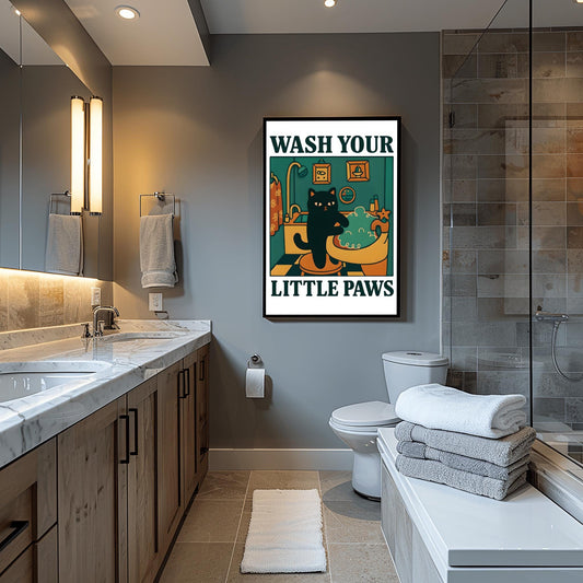 Wash your Paws Cat Print, Cute Bathroom Poster, Wash Room Childrens Washing up Posters, Kawaii Prints Decor, Unique Cats Art, UNFRAMED