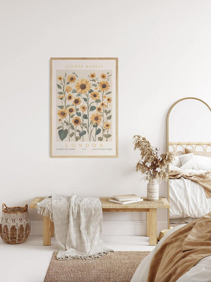 Sunflower Wall Art Print, London Flower Market Poster, Retro Floral Artwork, Abstract Botanical Exhibition Decor for Room & Living Space