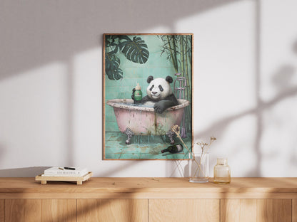 Panda Bathroom Wall Art - Funny Animal Poster with Heineken Print, Panda in Bathtub, Botanical Animal Bathroom Decor