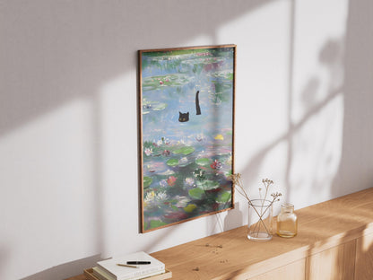 Cat Art Monet Waterlily Print, Claude Monet Style, Impressionist Wall Art, Black Cat Lover Gift, Pond Decor, Quirky Animal Painting
