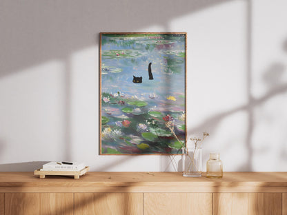Cat Art Monet Waterlily Print, Claude Monet Style, Impressionist Wall Art, Black Cat Lover Gift, Pond Decor, Quirky Animal Painting