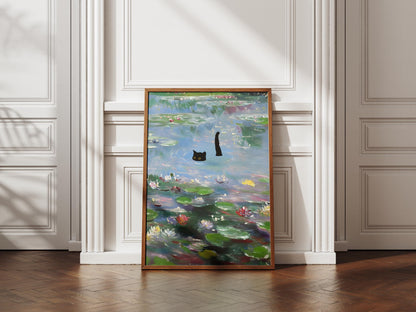 Cat Art Monet Waterlily Print, Claude Monet Style, Impressionist Wall Art, Black Cat Lover Gift, Pond Decor, Quirky Animal Painting
