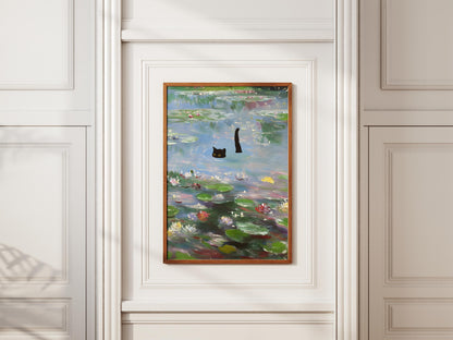 Cat Art Monet Waterlily Print, Claude Monet Style, Impressionist Wall Art, Black Cat Lover Gift, Pond Decor, Quirky Animal Painting