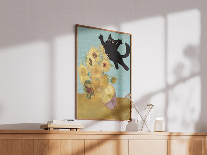 Cat Print Wall Art Poster - Van Gogh Sunflowers Still Life Funny Gift for Cat Lovers, Unique Home Decor, Poster Print