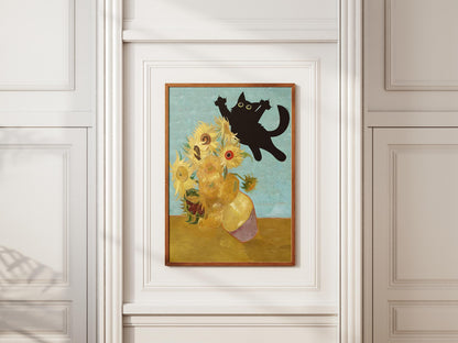 Cat Print Wall Art Poster - Van Gogh Sunflowers Still Life Funny Gift for Cat Lovers, Unique Home Decor, Poster Print