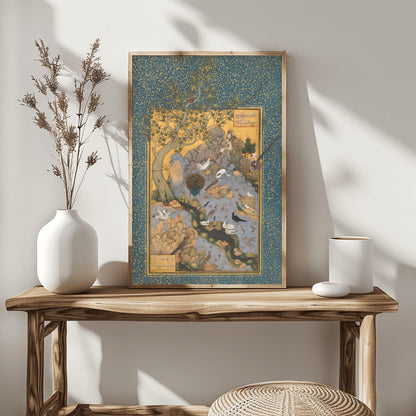 Persian Art Concourse of The Birds (Premium Habiballah Of Sava Print of Traditional Persian Miniature Painting) Bird Wall Art Home Decor