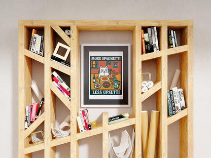 More Spaghetti Less Upsetti Cat Print, Funny Kitchen Art, Pasta Lover Gift, Retro Food Poster, Humorous Cat Wall Art, Unframed Decor
