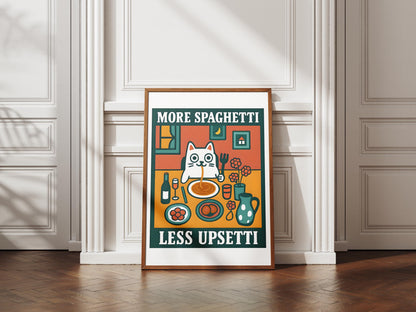 More Spaghetti Less Upsetti Cat Print, Funny Kitchen Art, Pasta Lover Gift, Retro Food Poster, Humorous Cat Wall Art, Unframed Decor