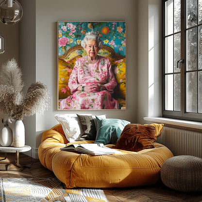 Queen Elizabeth II Portrait Print | Regal Floral Wall Art | Royal Art Decor | Elegant British Monarch Poster | Fine Art Tribute