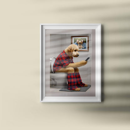 Golden Doodle Toilet Print Funny Dog on Phone Red Tartan Pyjamas Bathroom Wall Art Ensuite Gift Poodle Loo Quote Sign