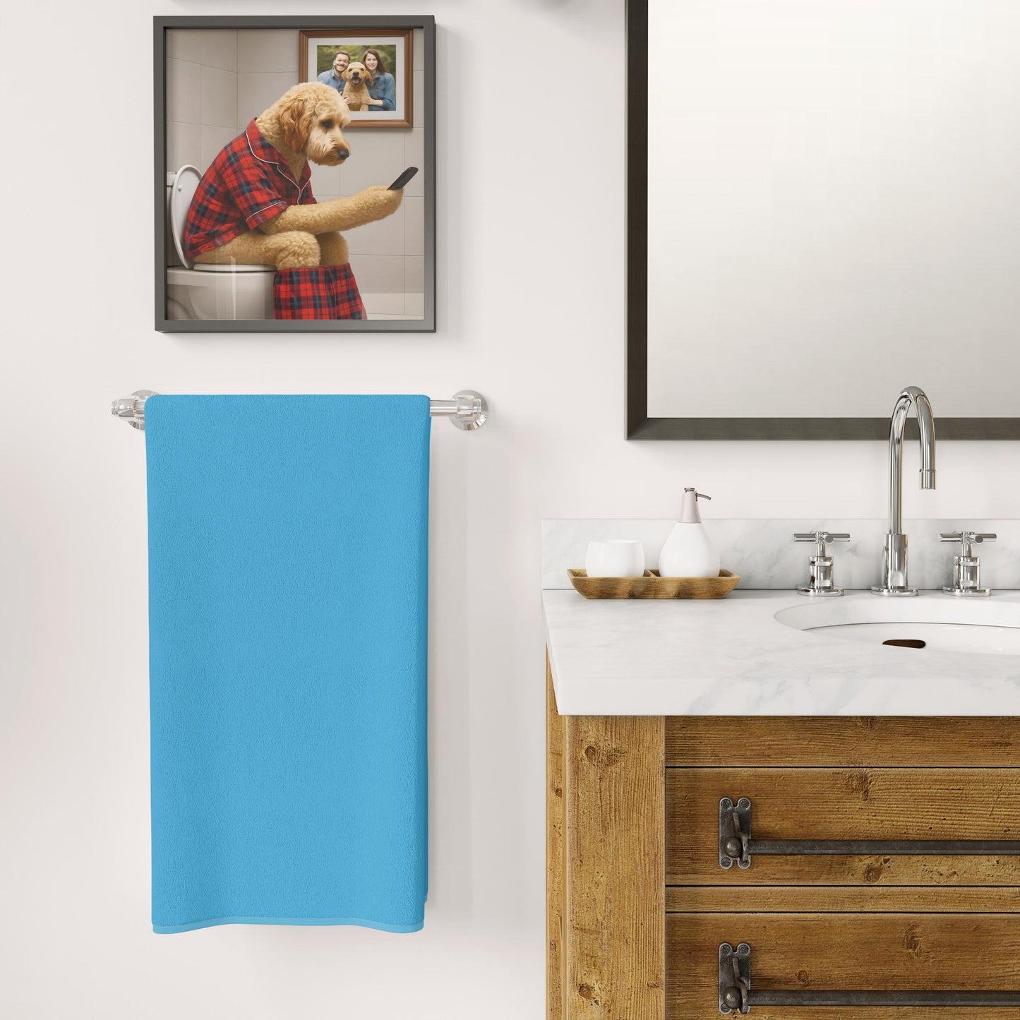 Golden Doodle Toilet Print Funny Dog on Phone Red Tartan Pyjamas Bathroom Wall Art Ensuite Gift Poodle Loo Quote Sign