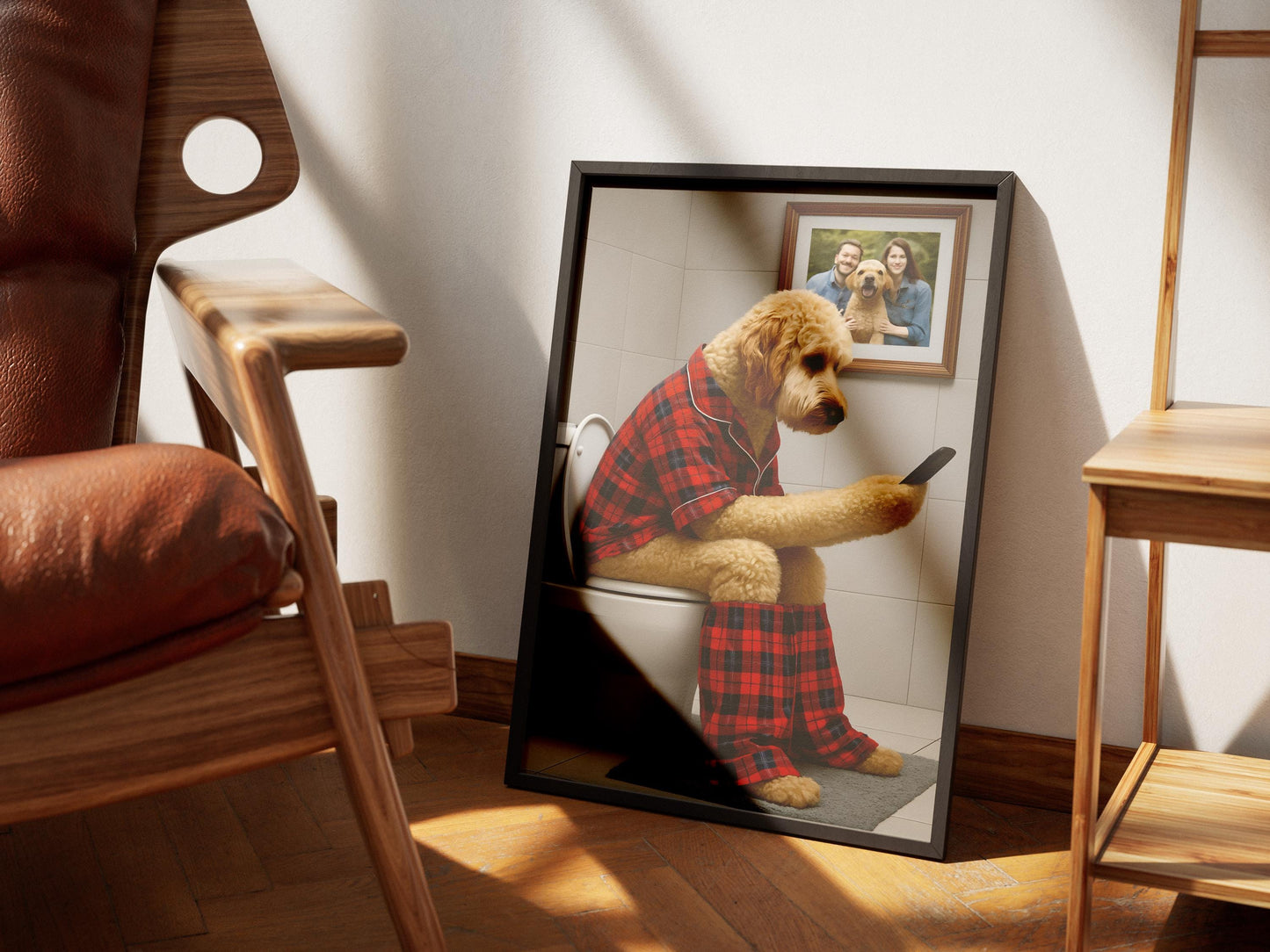 Golden Doodle Toilet Print Funny Dog on Phone Red Tartan Pyjamas Bathroom Wall Art Ensuite Gift Poodle Loo Quote Sign