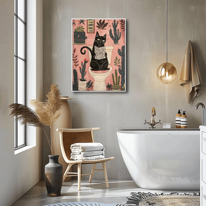 Matisse Art Print Black Cat Toilet Decor, Funky Retro Bathroom Wall Art, Mid Century Modern Pink Illustration