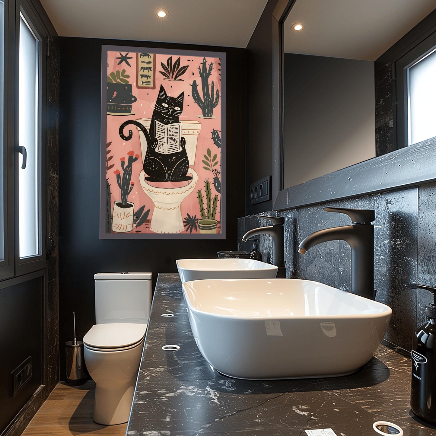 Matisse Art Print Black Cat Toilet Decor, Funky Retro Bathroom Wall Art, Mid Century Modern Pink Illustration