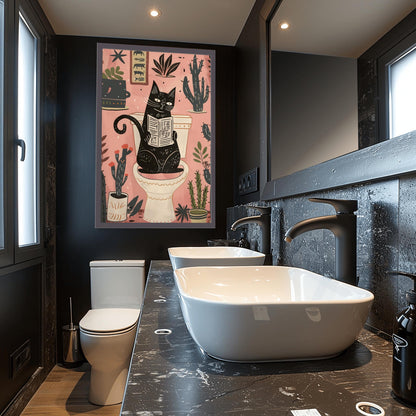 Matisse Art Print Black Cat Toilet Decor, Funky Retro Bathroom Wall Art, Mid Century Modern Pink Illustration