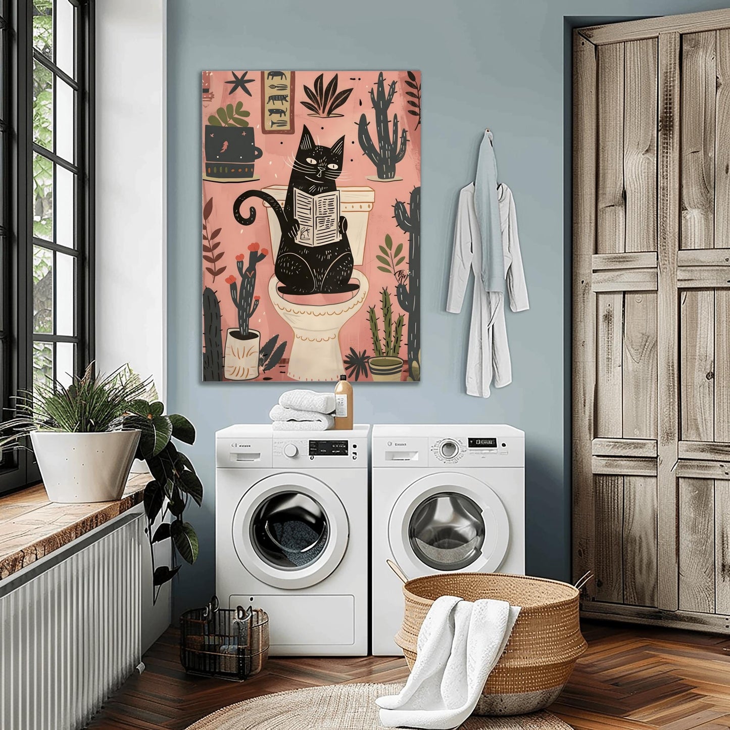 Matisse Art Print Black Cat Toilet Decor, Funky Retro Bathroom Wall Art, Mid Century Modern Pink Illustration