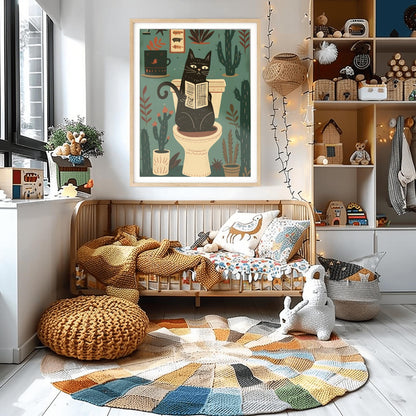 Matisse Art Print Black Cat Toilet Wall Decor, Retro Funky Bathroom Poster, Pink Mid Century Modern Illustration