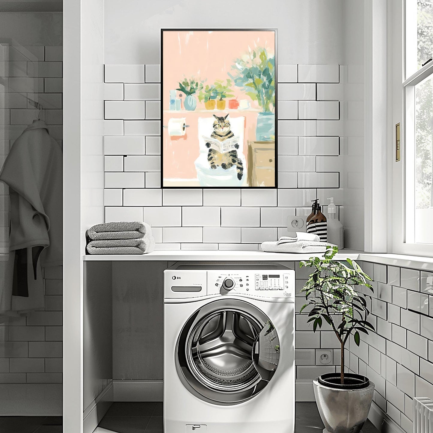Funny Tabby Cat Toilet Art Print, Retro Funky Style Bathroom Wall Decor, Pink Dopamine Mid Century Modern Illustration
