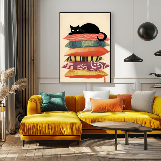 Matisse Art Print Black Cat Pillow, Retro Funky Wall Decor, Colorful Mid Century Modern Cat Art, Cat Lover Gift