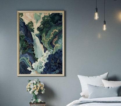 Ukiyo-e Poster Hokusai Japanese Waterfall Art Print, Blue Green Wall Decor, Japanese Home Print