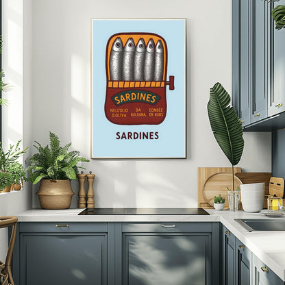 Sardines Hand Drawn Art Print, Retro Tinned Fish Wall Decor, Trendy Seafood Art for Modern Kitchen or Coastal Gallery