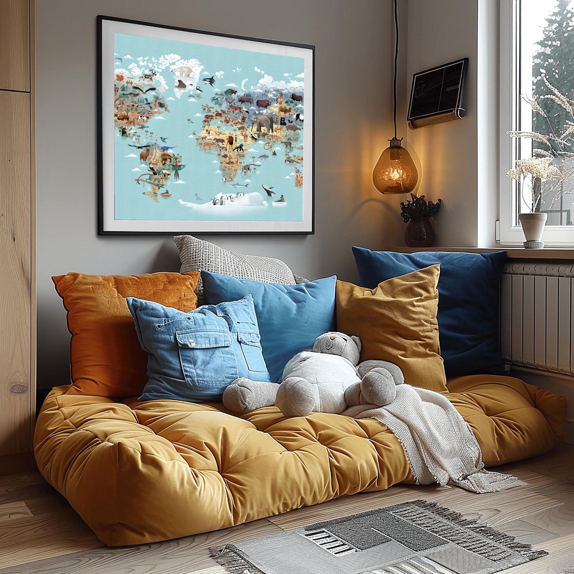 Kids World Map Animals Poster | Educational Nursery Wall Art | Illustrated Continent Print | Children's Room Decor | Learning Playroom Art