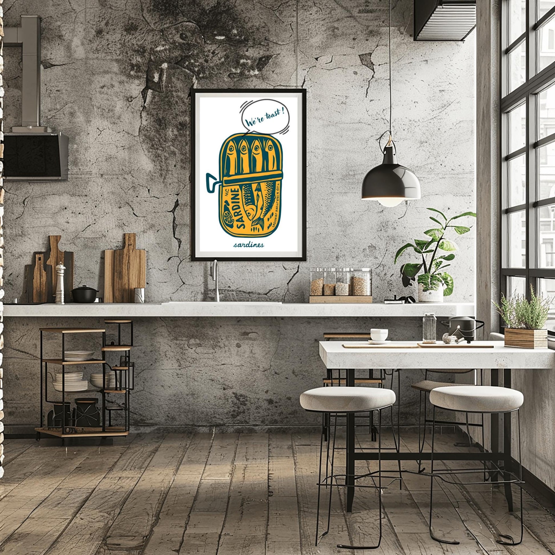Tinned Sardines Poster Art Print, Navy Blue Retro Wall Art, Kitchen Aesthetic Decor, Trendy Sardine, Coastal Printable Art, "We're Toast"