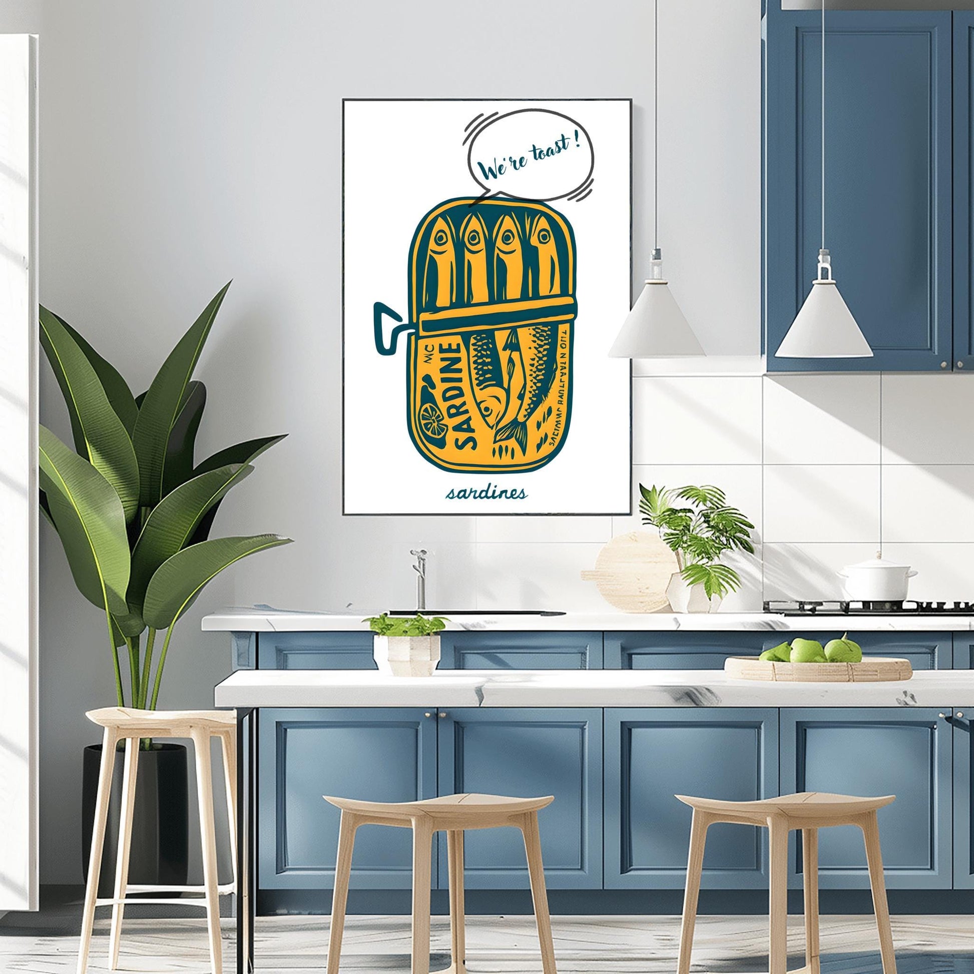 Tinned Sardines Poster Art Print, Navy Blue Retro Wall Art, Kitchen Aesthetic Decor, Trendy Sardine, Coastal Printable Art, "We're Toast"