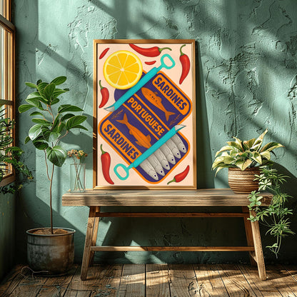 Sardines Print - Vintage Food Print - Seafood Print - Retro Food Art - Mid Century Print - Modern Kitchen Art - Trendy Orange and Navy Print
