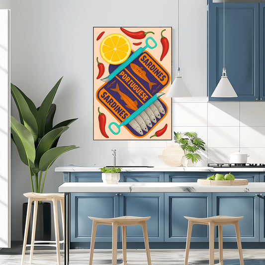 Sardines Print - Vintage Food Print - Seafood Print - Retro Food Art - Mid Century Print - Modern Kitchen Art - Trendy Orange and Navy Print