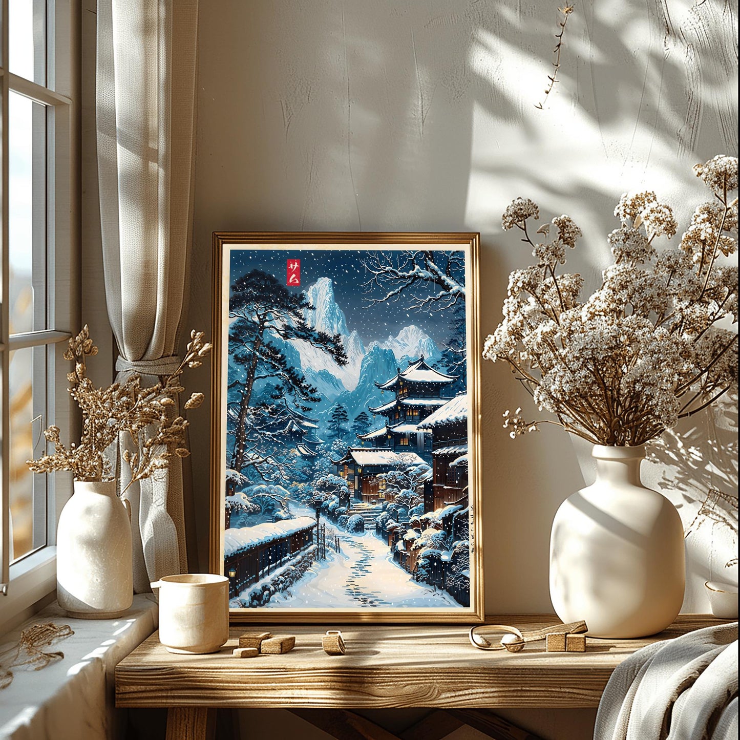 Snowy Village Japanese Illustration, Anime Style Nature Scene Wall Art Print, Modern Ukiyo-e Decor Poster