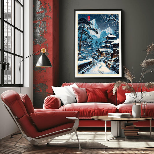 Snowy Village Japanese Illustration, Anime Style Nature Scene Wall Art Print, Modern Ukiyo-e Decor Poster
