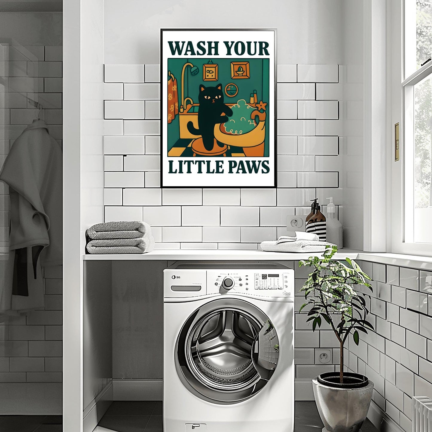 Wash your Paws Cat Print, Cute Bathroom Poster, Wash Room Childrens Washing up Posters, Kawaii Prints Decor, Unique Cats Art, UNFRAMED