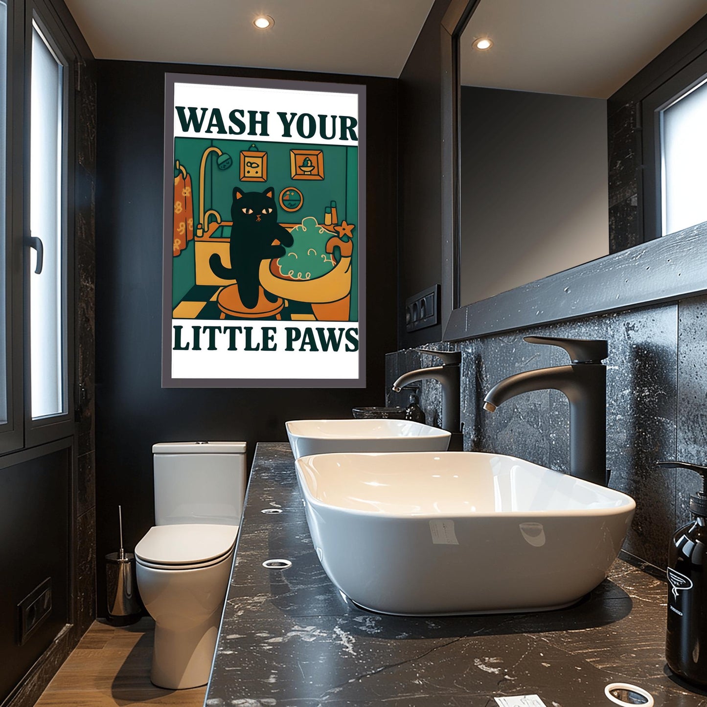 Wash your Paws Cat Print, Cute Bathroom Poster, Wash Room Childrens Washing up Posters, Kawaii Prints Decor, Unique Cats Art, UNFRAMED