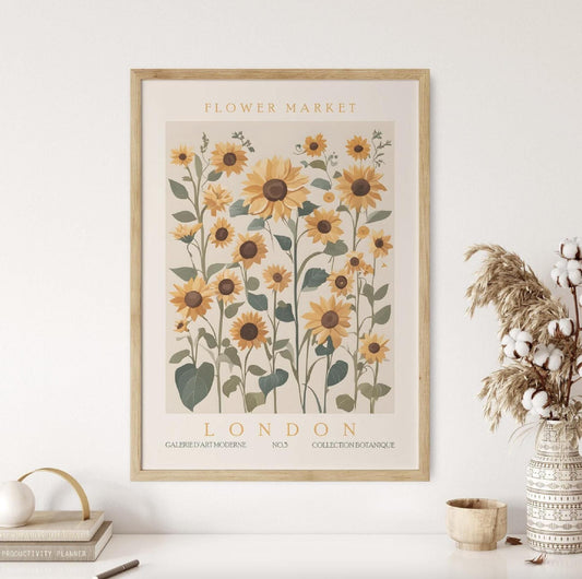Sunflower Wall Art Print, London Flower Market Poster, Retro Floral Artwork, Abstract Botanical Exhibition Decor for Room & Living Space