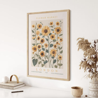Sunflower Wall Art Print, London Flower Market Poster, Retro Floral Artwork, Abstract Botanical Exhibition Decor for Room & Living Space