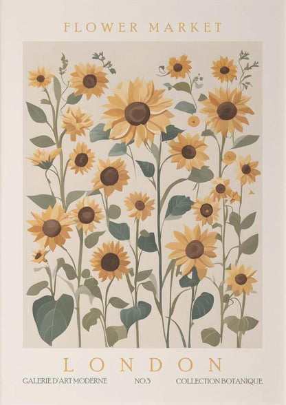 Sunflower Wall Art Print, London Flower Market Poster, Retro Floral Artwork, Abstract Botanical Exhibition Decor for Room & Living Space