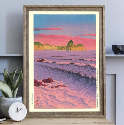 Japanese Poster Kawase Hasui Woodblock Art Morning Sea at Shiribeshi Japandi Decor Ocean Wall Art Print