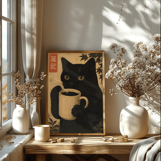Vintage Black Cat Art Print Vintage Japanese Cat Poster Retro Home Decor Perfect Gift for Cat Lovers & Vintage Art Collectors