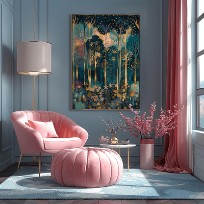 Gustav Klimt Inspired Art, Enchanted Forest Print, Magical Autumn Decor, Coquette Room Style, Luxury Wall Art, Gold Blue Painting
