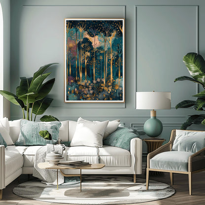 Gustav Klimt Inspired Art, Enchanted Forest Print, Magical Autumn Decor, Coquette Room Style, Luxury Wall Art, Gold Blue Painting
