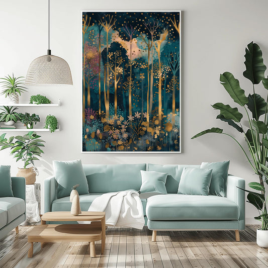 Gustav Klimt Inspired Art, Enchanted Forest Print, Magical Autumn Decor, Coquette Room Style, Luxury Wall Art, Gold Blue Painting