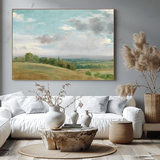 Muted Green Hills, Vintage Landscape Painting, Rustic Country Meadow Print, Farmhouse Wall Decor, Poster Print, Nature Art