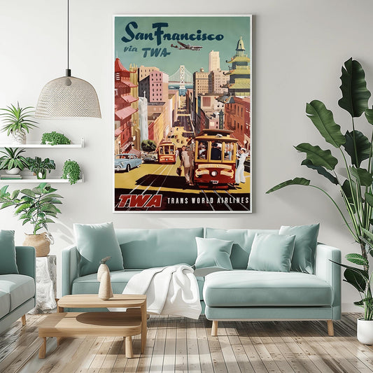Vintage San Francisco Travel Poster | TWA Bay Bridge Art Print | Retro California Wall Decor | Mid Century Cityscape Poster | Traveler Gift